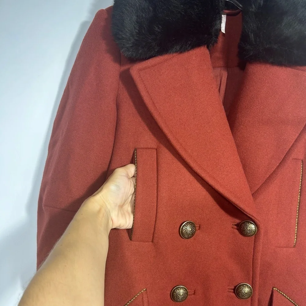 FREE PEOPLE SEDGWICK Red Wool Military Peacoat Double Breasted Fur Collar Sz.XS